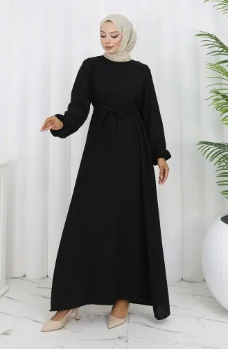 Kuşaklı Kolu Lastikli Elbise 2153-01 Siyah