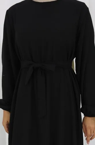 Kuşaklı Kolu Lastikli Elbise 2153-01 Siyah