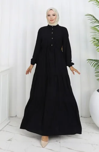 Yarım Düğmeli Beli Bağcıklı Elbise 2154-01 Siyah