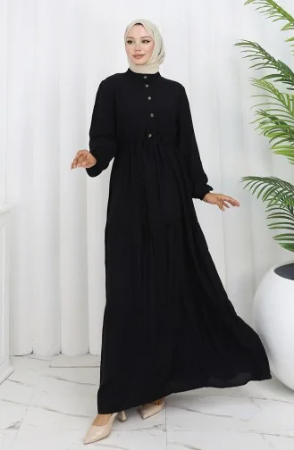 Yarım Düğmeli Beli Bağcıklı Elbise 2154-01 Siyah