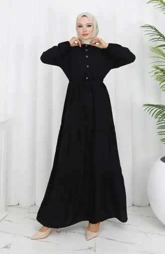 Yarım Düğmeli Beli Bağcıklı Elbise 2154-01 Siyah