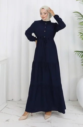 Robe Nouée à La Taille Et Demi-boutonnée 2154-04 Bleu Marine 2154-04