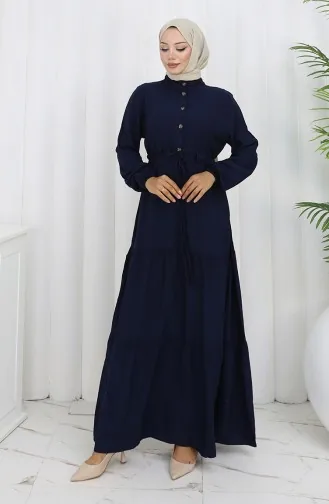 Robe Nouée à La Taille Et Demi-boutonnée 2154-04 Bleu Marine 2154-04