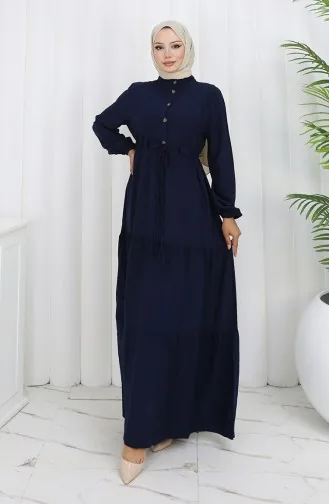 Robe Nouée à La Taille Et Demi-boutonnée 2154-04 Bleu Marine 2154-04