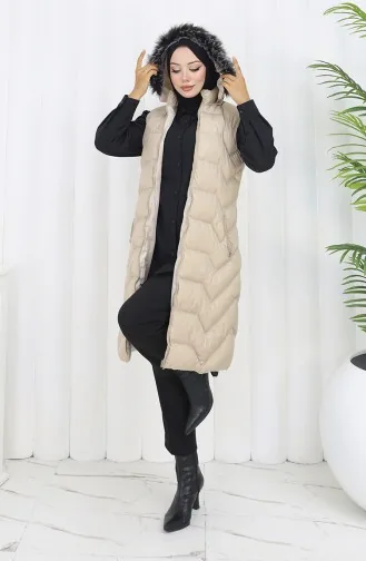 Doudoune Sans Manches à Capuche Zippée 0172-01 Beige 0172-01