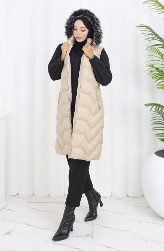 Doudoune Sans Manches à Capuche Zippée 0172-01 Beige 0172-01