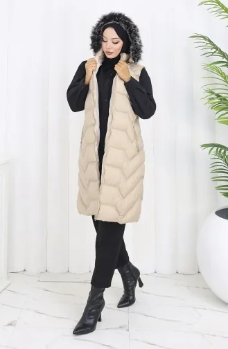 Doudoune Sans Manches à Capuche Zippée 0172-01 Beige 0172-01