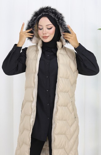 Doudoune Sans Manches à Capuche Zippée 0172-01 Beige 0172-01