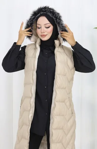 Doudoune Sans Manches à Capuche Zippée 0172-01 Beige 0172-01