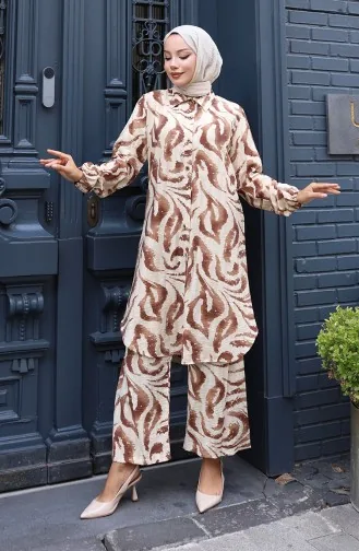 Modal Kumaş Tunik Pantolon İkili Takım 0158-03 Kahverengi