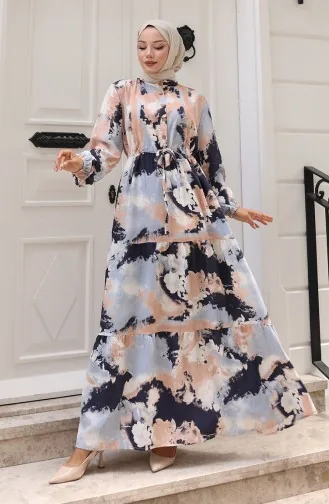 Modal Kumaş Beli Bağcıklı Elbise 0160-03 Bej Lacivert