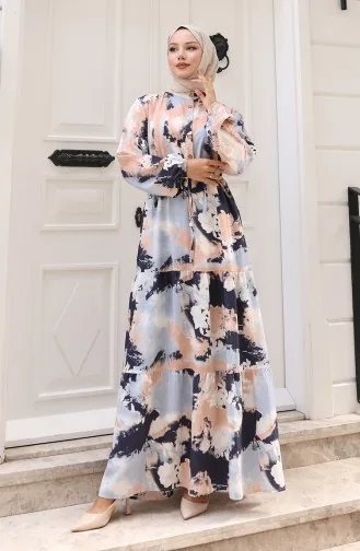 Modal Kumaş Beli Bağcıklı Elbise 0160-03 Bej Lacivert