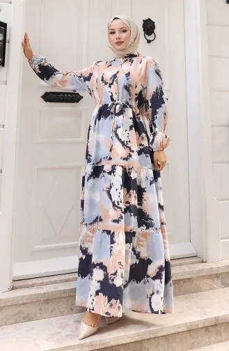 Modal Kumaş Beli Bağcıklı Elbise 0160-03 Bej Lacivert