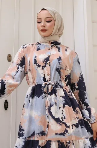 Modal Kumaş Beli Bağcıklı Elbise 0160-03 Bej Lacivert