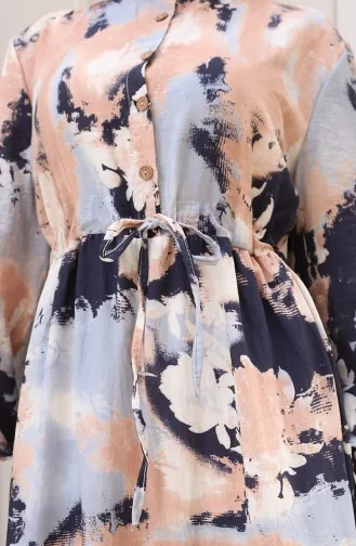 Modal Kumaş Beli Bağcıklı Elbise 0160-03 Bej Lacivert