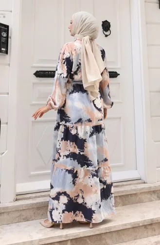 Modal Kumaş Beli Bağcıklı Elbise 0160-03 Bej Lacivert