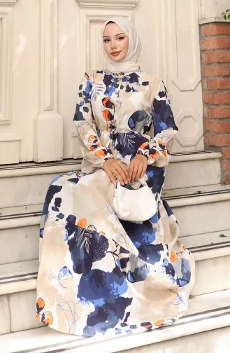 Robe à Motifs En Tissu Modal Nouée à La Taille 0161-01 Bleu Marine 0161-01