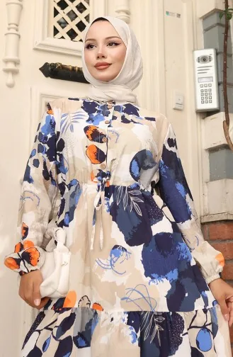 Robe à Motifs En Tissu Modal Nouée à La Taille 0161-01 Bleu Marine 0161-01