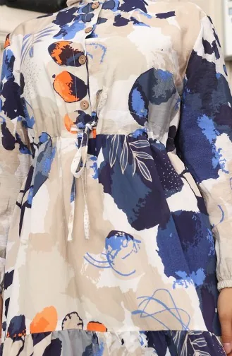 Robe à Motifs En Tissu Modal Nouée à La Taille 0161-01 Bleu Marine 0161-01