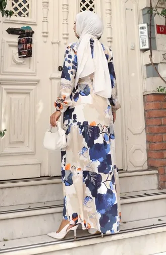 Robe à Motifs En Tissu Modal Nouée à La Taille 0161-01 Bleu Marine 0161-01