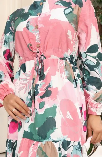 Modal Kumaş Beli Bağcıklı Desenli Elbise 0161-02 Gül Kurusu