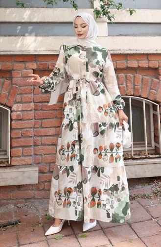 Modal Stoff Gemustertes Kleid Mit Bindegürtel 0161-03 Beige 0161-03