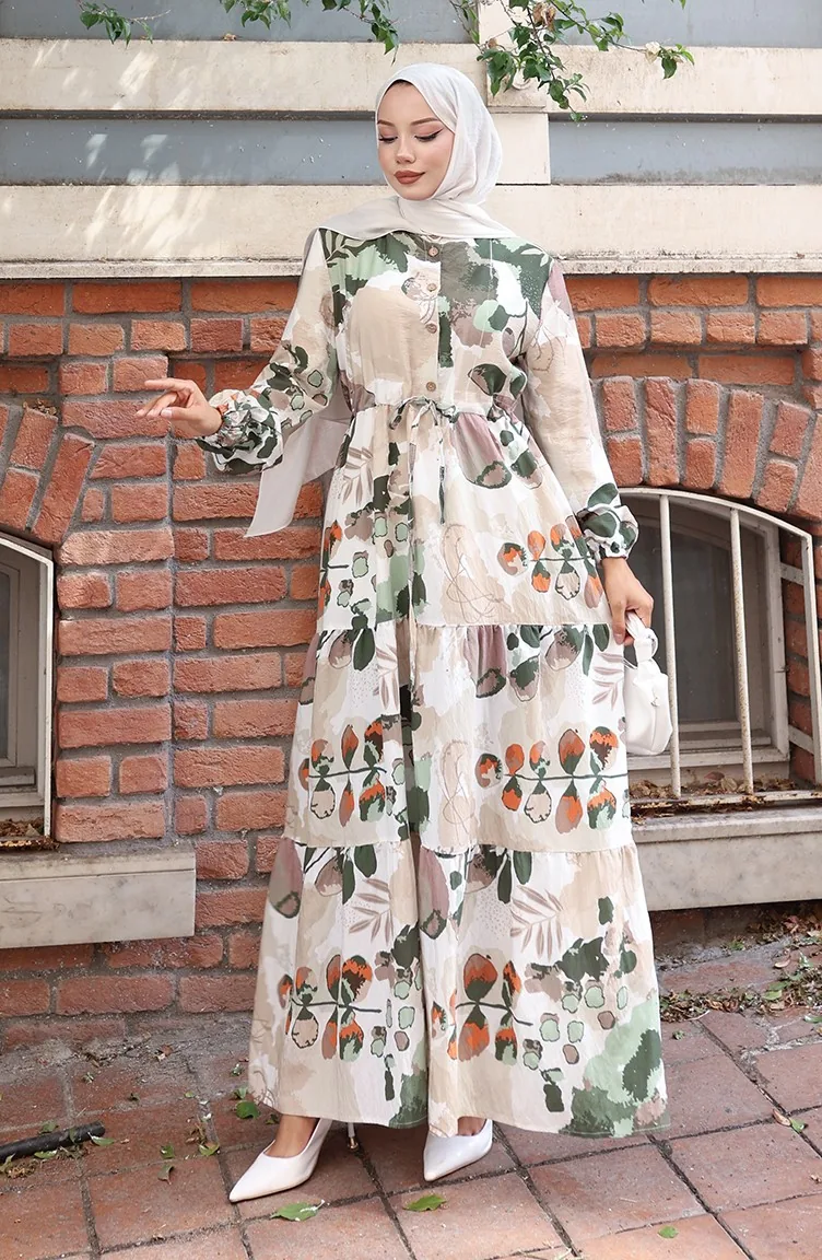Modal Stoff Gemustertes Kleid Mit Bindegürtel 0161-03 Beige 0161-03