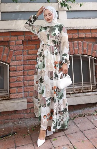 Modal Stoff Gemustertes Kleid Mit Bindegürtel 0161-03 Beige 0161-03