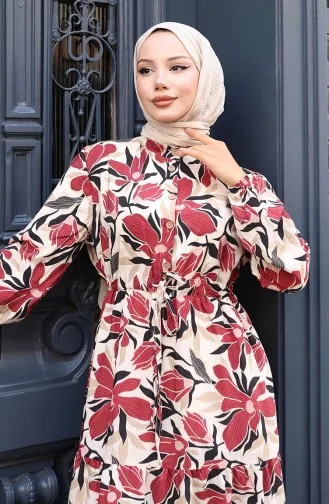 Modal Kumaş Yarım Düğmeli Elbise 0162-01 Bordo