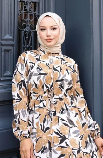 Modal Kumaş Yarım Düğmeli Elbise 0162-03 Bej