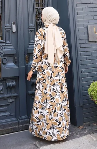 Modal Kumaş Yarım Düğmeli Elbise 0162-03 Bej