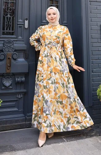 Modal Kumaş Beli Bağcıklı Elbise 0163-01 Hardal