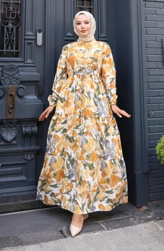 Modal Kumaş Beli Bağcıklı Elbise 0163-01 Hardal