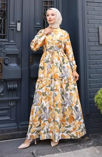 Modal Kumaş Beli Bağcıklı Elbise 0163-01 Hardal