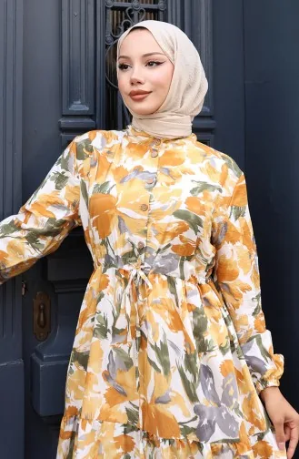 Modal Kumaş Beli Bağcıklı Elbise 0163-01 Hardal