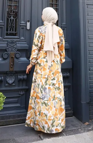 Modal Kumaş Beli Bağcıklı Elbise 0163-01 Hardal