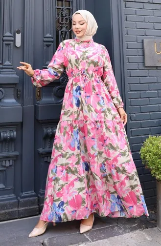 فستان من قماش مودال بخصر مربوط 0163-02 وردي 0163-02