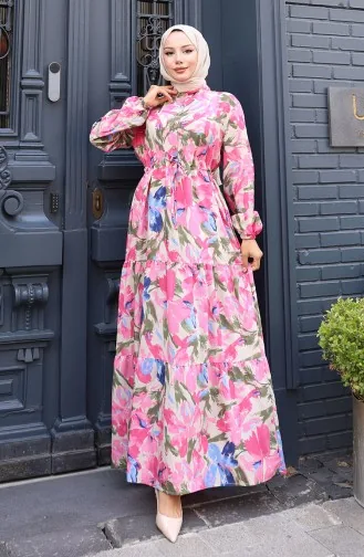 فستان من قماش مودال بخصر مربوط 0163-02 وردي 0163-02