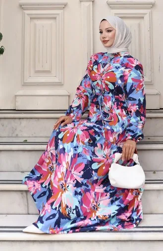 Modal Stof Halfknoopjurk 0164-01 Roze Marineblauw 0164-01