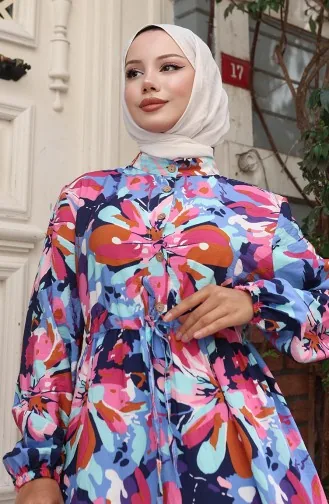 Modal Stof Halfknoopjurk 0164-01 Roze Marineblauw 0164-01