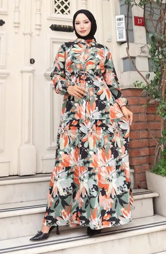 Robe Demi-boutonnée En Tissu Modal 0164-04 Kaki Brique 0164-04