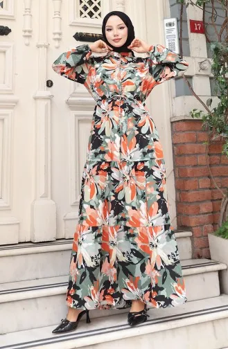 Robe Demi-boutonnée En Tissu Modal 0164-04 Kaki Brique 0164-04