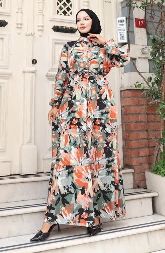 Robe Demi-boutonnée En Tissu Modal 0164-04 Kaki Brique 0164-04