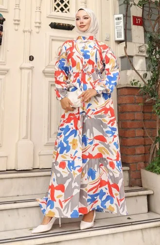 Modal Kumaş Beli Bağcıklı Elbise 0165-02 Kırmızı Gri