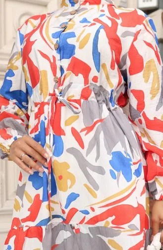 Modal Kumaş Beli Bağcıklı Elbise 0165-02 Kırmızı Gri