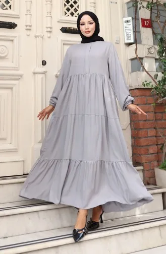 Beli Büzgülü Kolu Lastikli Elbise 2149-01 Gri