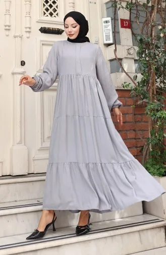 Beli Büzgülü Kolu Lastikli Elbise 2149-01 Gri