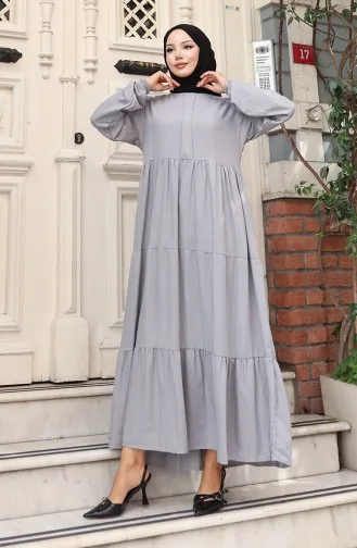 Beli Büzgülü Kolu Lastikli Elbise 2149-01 Gri