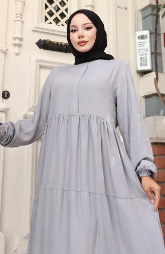 Beli Büzgülü Kolu Lastikli Elbise 2149-01 Gri