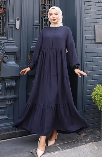 Robe à Taille Plissée Et Manches élastiques 2149-02 Bleu Marine 2149-02
